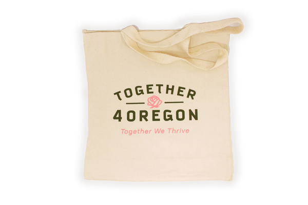 12oz gusseted canvas tote bag hand screen printed in partnership with Together 4 Oregon